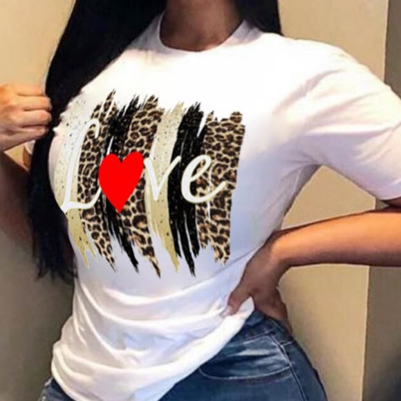 Leopard Letter&Heart Print Short Sleeve T-shirt - Picture 2 of 3